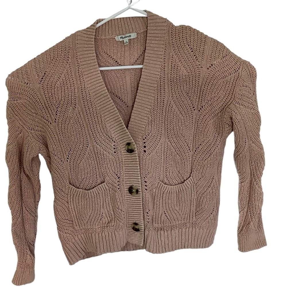 Madewell Womens Pink Cable Knit Button Front Cardigan Sweater Size S Pockets